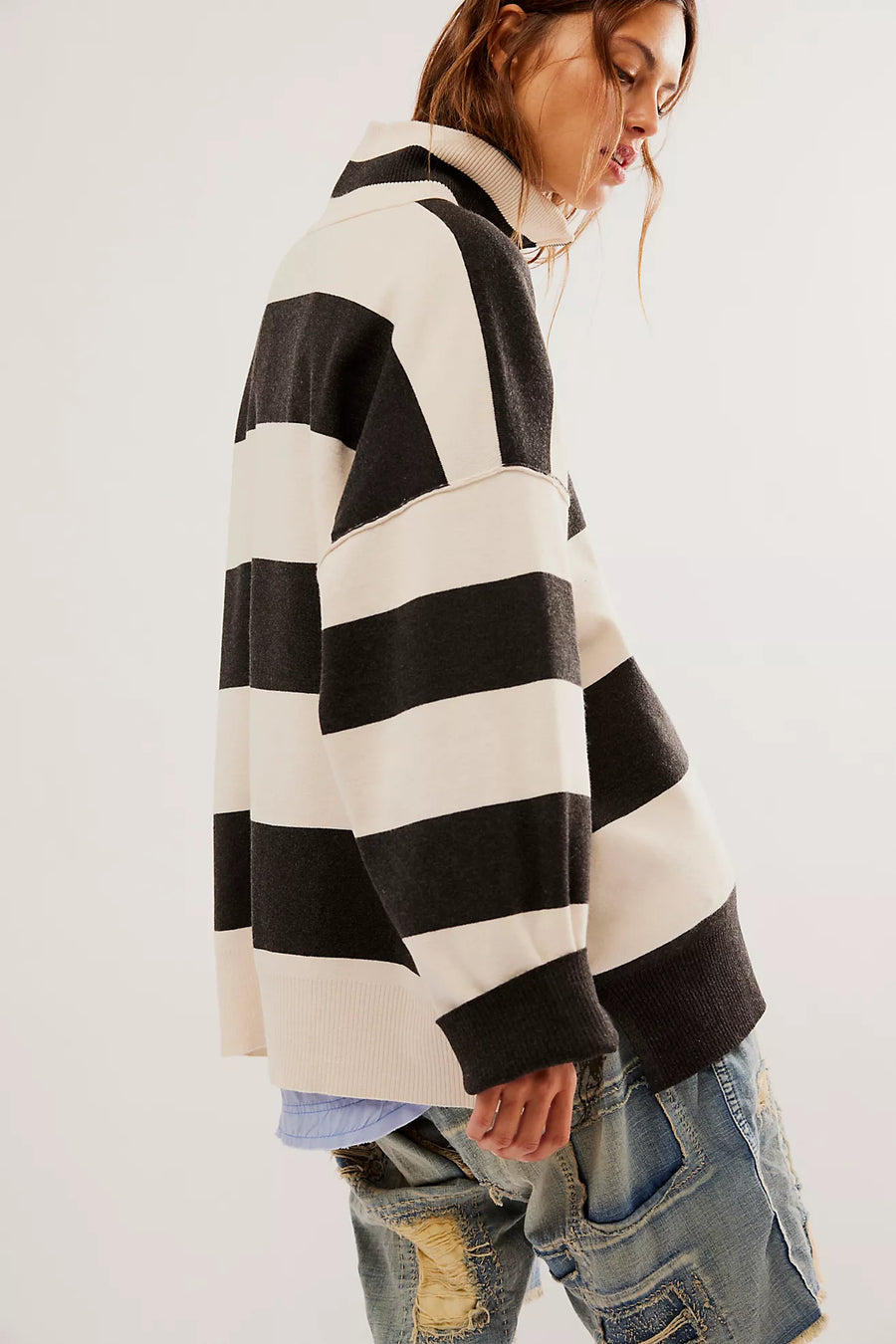 Free People Coastal Stripe Pullover- Carbon Champagne