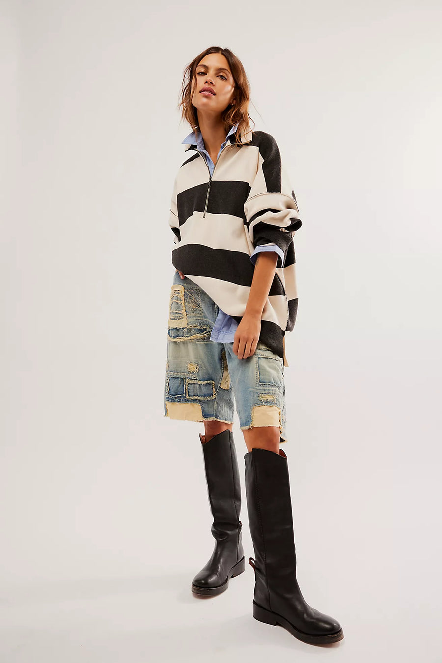 Free People Coastal Stripe Pullover- Carbon Champagne