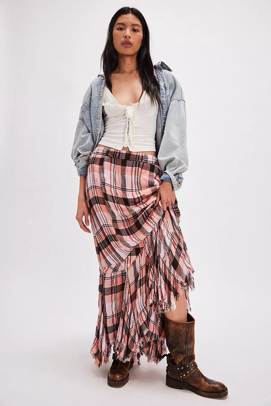 Free People Bordeaux Plaid Maxi Skirt - Soft Combo Siren