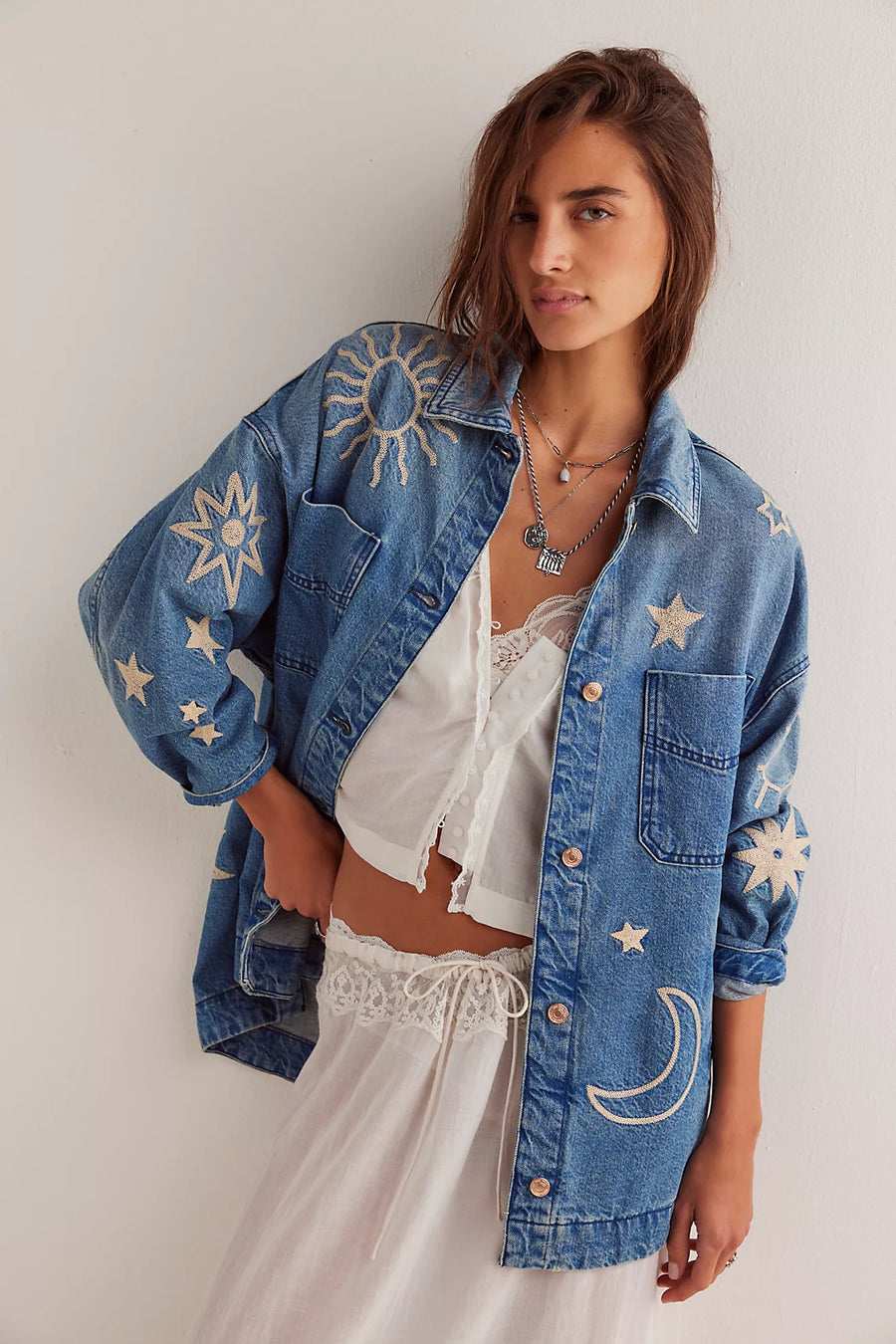 Free People Madison City Embroidered Jacket - Skyway Blues