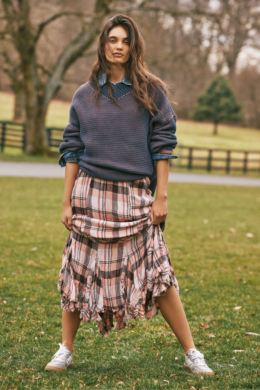 Free People Bordeaux Plaid Maxi Skirt - Soft Combo Siren