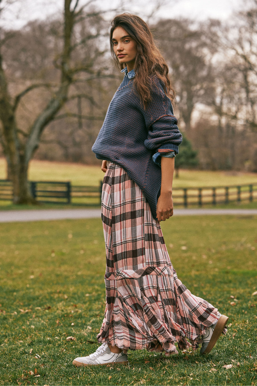 Free People Bordeaux Plaid Maxi Skirt - Soft Combo Siren