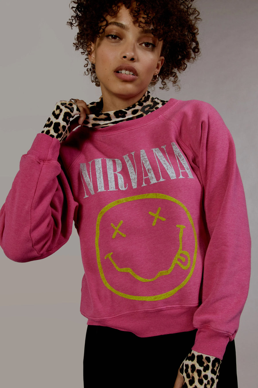 Daydreamer Nirvana Smiley Raglan Crew - Pink Cosmo